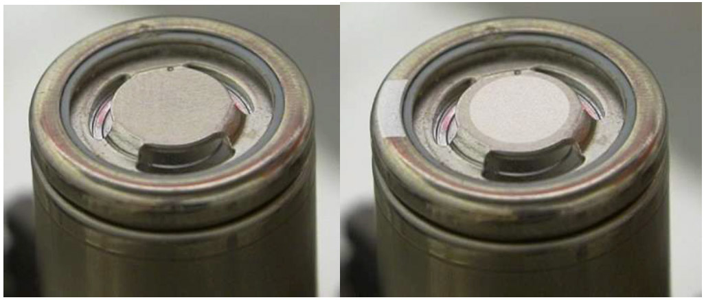 Die Oberseite einer zylindrischen Zelle, links vollständig mit Oxid kontaminiert und rechts nach der Laserreinigung. Quelle Laserax