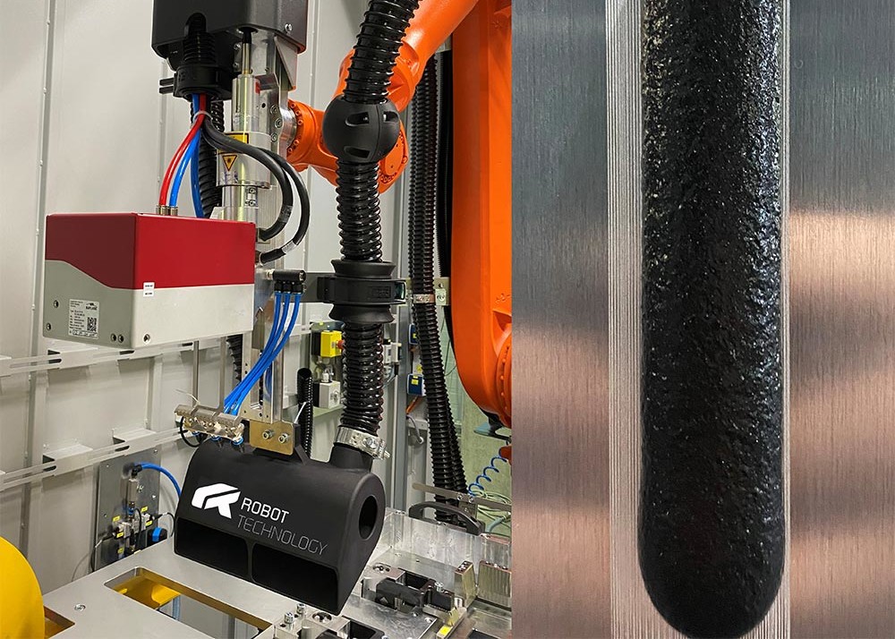 The close-up shows a foam bead, which is applied to the silver-coloured surface that has been roughened by laser for improved adhesion.
